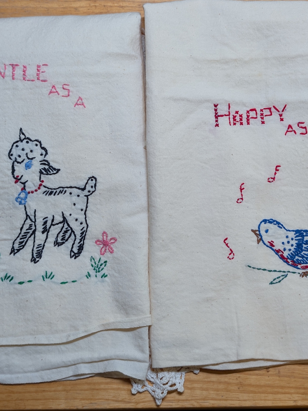 Hand-Embroidered Small Pets Tea Towels - Cream with Pink & Blue Accents